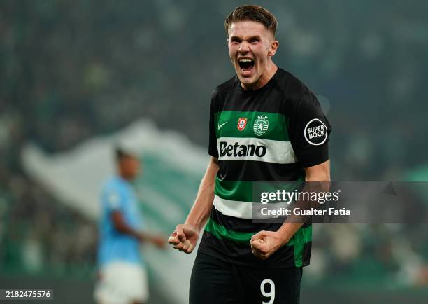 Viktor Gyokeres of Sporting CP celebrates after scoring a goal during the UEFA Champions League 2024/25 League Phase MD4 match between Sporting CP...