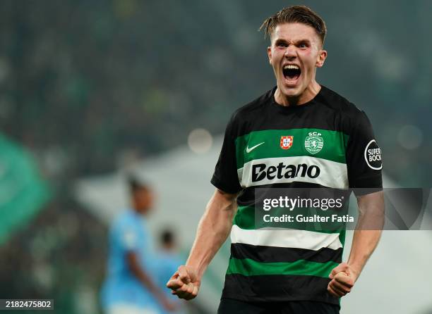 Viktor Gyokeres of Sporting CP celebrates after scoring a goal during the UEFA Champions League 2024/25 League Phase MD4 match between Sporting CP...