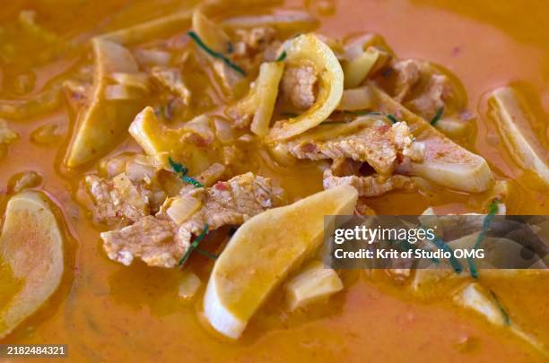 authentic thai red curry with pork and bamboo shoots - pleurote du panicaut photos et images de collection