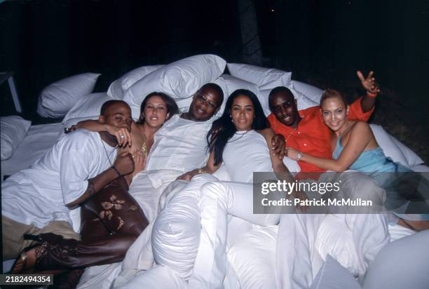 Damon Dash, Natane Adcock, Andre Harrell, Aaliyah, Sean Combs and Jennifer Lopez attend Puffy's Fourth of July Party at Sean Combs' House on July 2,...