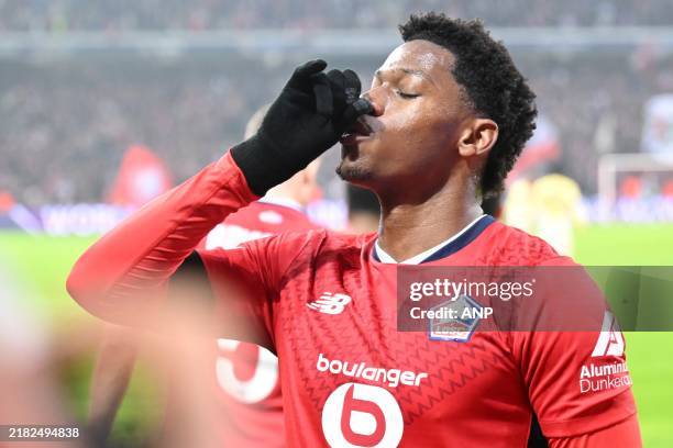 Jonathan David of Lille OSC celebrates his goal during the UEFA Champions League match between Lille OSC and Juventus FC at the Pierre-Mauroy stadium...
