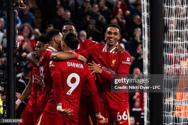 Trent Alexander-Arnold of Liverpool celebrates during the Premier League match between Liverpool FC and Brighton & Hove Albion FC at Anfield on...