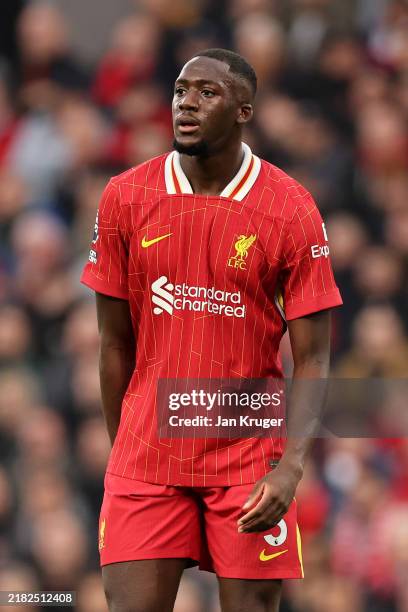 Ibrahima Konate of Liverpool in action during the Premier League match between Liverpool FC and Brighton & Hove Albion FC at Anfield on November 02,...