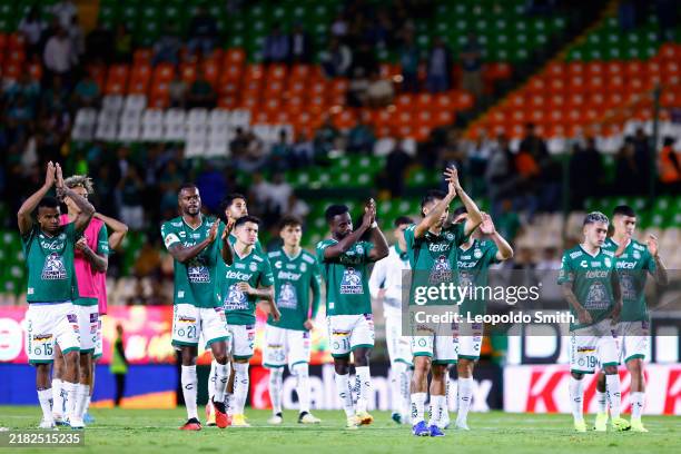 Players of Leon greet the fans after the 16th round match between Leon and Mazatlan FC as part of the Torneo Apertura 2024 Liga MX at Leon Stadium on...