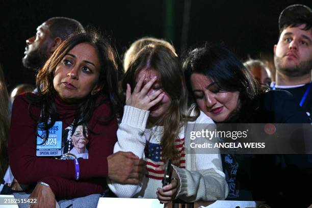 Supporters react to election results during an election night event for US Vice President and Democratic presidential candidate Kamala Harris at...