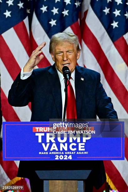 Former US President and Republican presidential candidate Donald Trump speaks during an election night event at the West Palm Beach Convention Center...