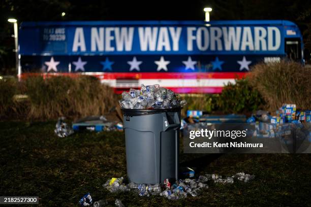 Chairs and trash sit in an empty field after the election night watch party for Democratic presidential nominee, U.S. Vice President Kamala Harris at...