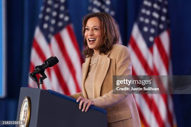 Democratic presidential nominee, U.S. Vice President Kamala Harris, speaks during a campaign rally at the PNC Music Pavilion on November 02, 2024 in...