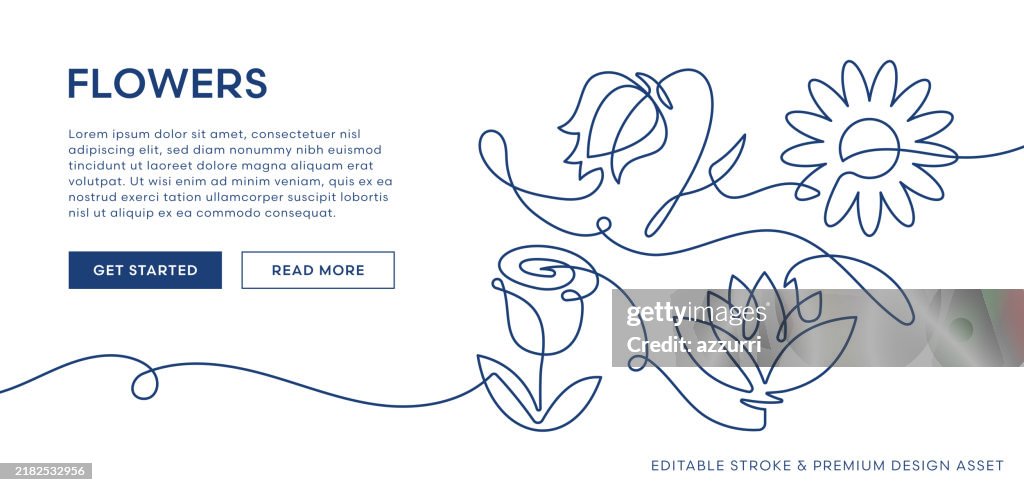 Floral Elements Illustration. Continuous Line Art of Various Flowers and Leaves