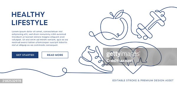 Ilustración de estilo de vida saludable. Arte lineal continuo de manzana, mancuerna, corazón y zapatilla para correr Ilustración de estilo de vida saludable. Arte lineal continuo de manzana, mancuerna, corazón y zapatilla para correr