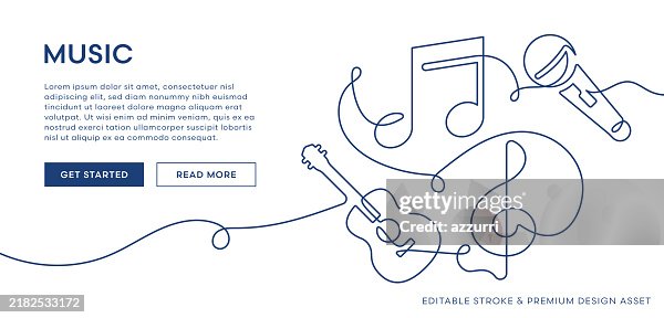 Ilustración musical. Arte lineal continuo de micrófono, guitarra y notas musicales Ilustración musical. Arte lineal continuo de micrófono, guitarra y notas musicales