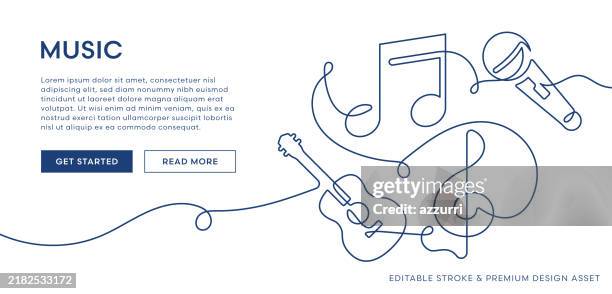 illustrations, cliparts, dessins animés et icônes de illustration musicale. dessin en ligne continue du microphone, de la guitare et des notes de musique - musique