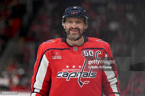 Alex Ovechkin of the Washington Capitals rests during a break in the game in the second period against the Columbus Blue Jackets at Capital One Arena...