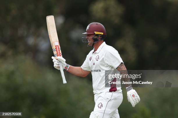 Ben McDermott of the Bulls celebrates after reaching his half century during the Sheffield Shield match between New South Wales Blues and Queensland...