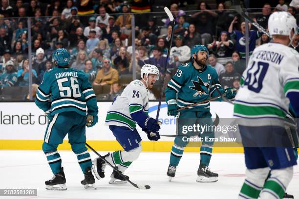 Pius Suter of the Vancouver Canucks celebrates after scoring the game-winning goal with 25 seconds left in the third period against the San Jose...