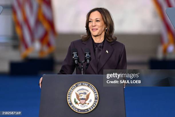 Vice President Democratic presidential candidate Kamala Harris speaks at Howard University in Washington, DC, on November 6, 2024. Donald Trump won a...
