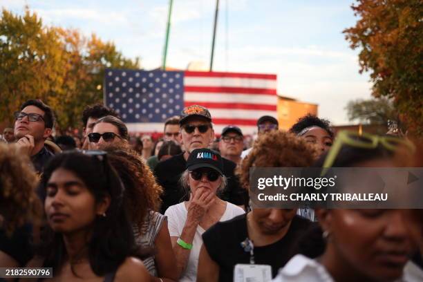 People react as US Vice President Kamala Harris speaks at Howard University in Washington, DC, on November 6, 2024. Donald Trump won a sweeping...