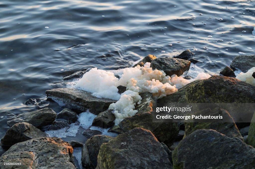Sea foam on a rocky shore