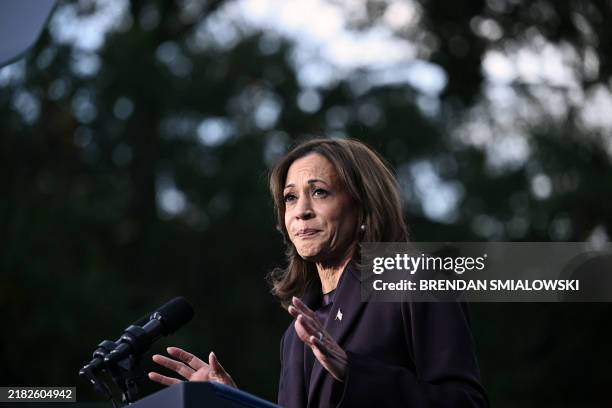 Vice President Democratic presidential candidate Kamala Harris speaks at Howard University in Washington, DC, on November 6, 2024. Donald Trump won a...