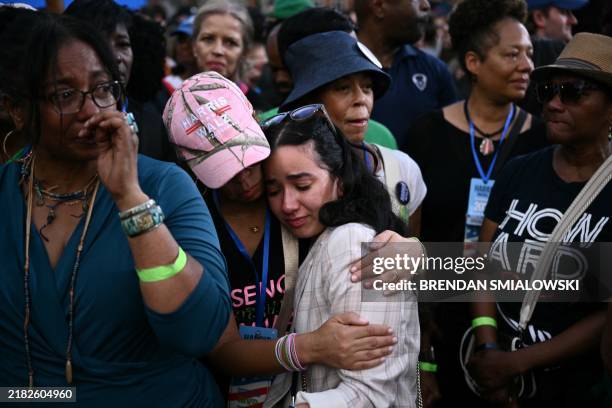 People react as US Vice President Kamala Harris speaks at Howard University in Washington, DC, on November 6, 2024. Donald Trump won a sweeping...