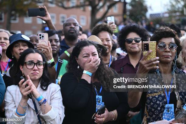 Supporters get emotional as US Vice President Democratic presidential candidate Kamala Harris speaks at Howard University in Washington, DC, on...