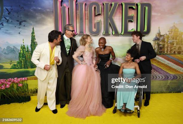 Jonathan Bailey, Jeff Goldblum, Ariana Grande, Cynthia Erivo, Marissa Bode and Ethan Slater attend the "Journey Through Oz" Tour to celebrate the...