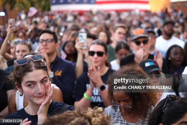 Supporter cries as US Vice President Democratic presidential candidate Kamala Harris delivers her concession speech at Howard University in...