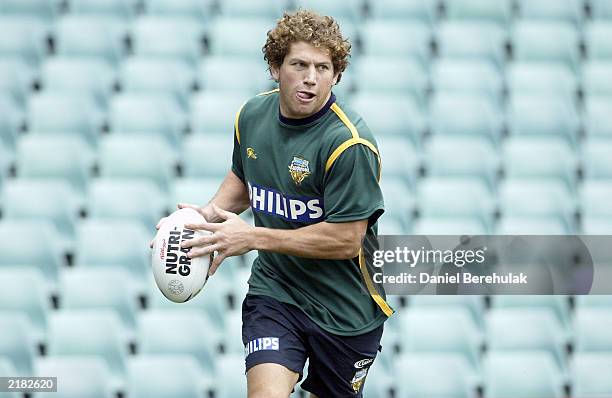 Bryan Fletcher of the Kangaroos in action during the Australian Kangaroos Rugby League team training session at Aussie Stadium July 22, 2003 in...