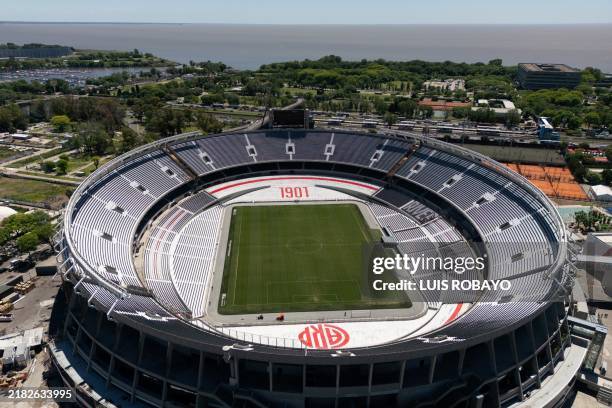 Aerial view of the Mas Monumental stadium, home of the Argentine football team River Plate, taken in Buenos Aires on November 5, 2024. The debate on...
