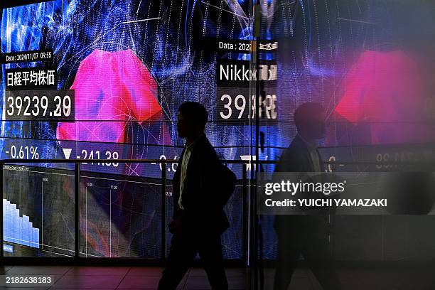 Man walks past an electronic board displaying the numbers on the Tokyo Stock Exchange in Tokyo on November 7, 2024.