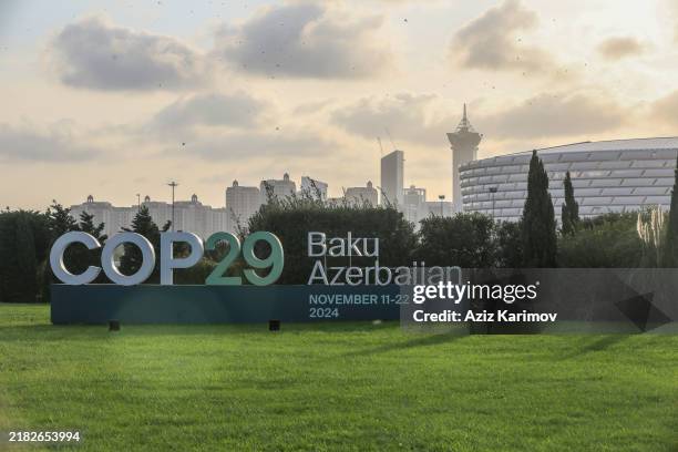 Sign for COP29, the United Nations Climate Change Conference, is on display in Baku on November 3, 2024 in Baku, Azerbaijan. The 2024 UN Climate...