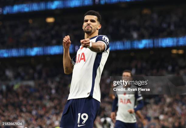 Dominic Solanke of Tottenham Hotspur celebrates scoring his team's second goal during the Premier League match between Tottenham Hotspur FC and Aston...