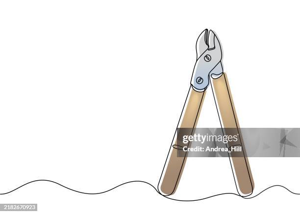 gardening pruning shears line drawing with editable stroke, color elements and copy space - prune stock illustrations