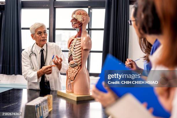un professeur asiatique expérimenté et âgé enseigne l’anatomie humaine à l’aide de modèles humains et d’organes dans la salle de classe d’anatomie, partageant ses connaissances professionnelles et son expérience avec la jeune génération d� - partie du corps humain photos et images de collection