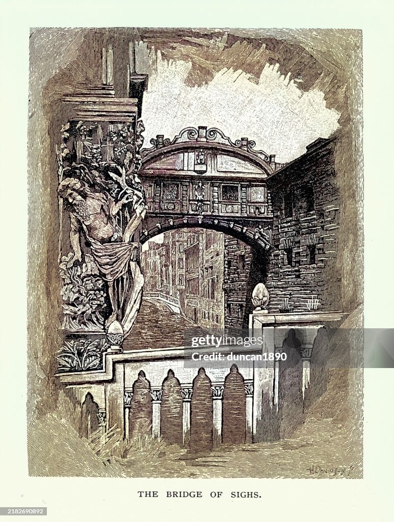 The Bridge of Sighs over the Rio di Palazzo, Venice, Italy, Vintage illustration, 19th Century 1880s