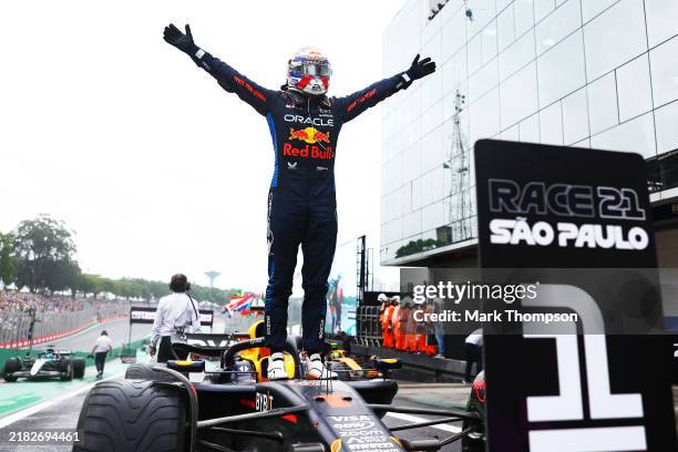Race winner Max Verstappen of the Netherlands and Oracle Red Bull Racing celebrates in parc ferme during the F1 Grand Prix of Brazil at Autodromo...