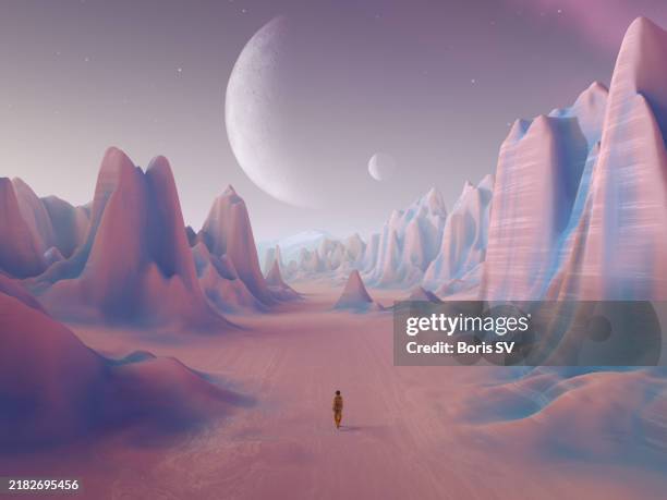 space traveler on exoplanet - alieno foto e immagini stock