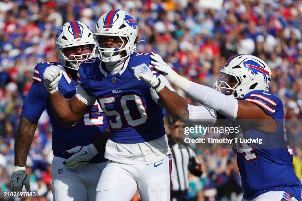 Greg Rousseau of the Buffalo Bills celebrates a sack against the Miami Dolphins during the first quarter of the game at Highmark Stadium on November...