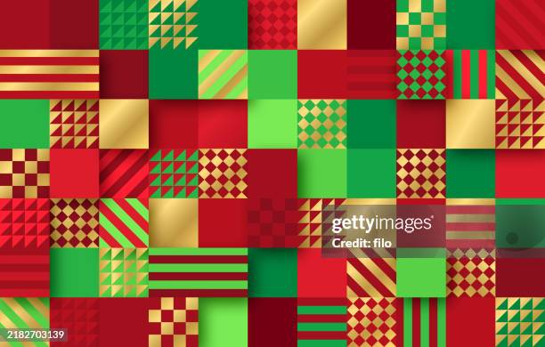 holiday christmas red green gold pixel texture abstract pattern background - quilted background stock illustrations