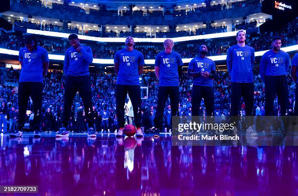 Mark Strong Raptors Toronto Raptors stand during the national anthem ahead of playing the ...