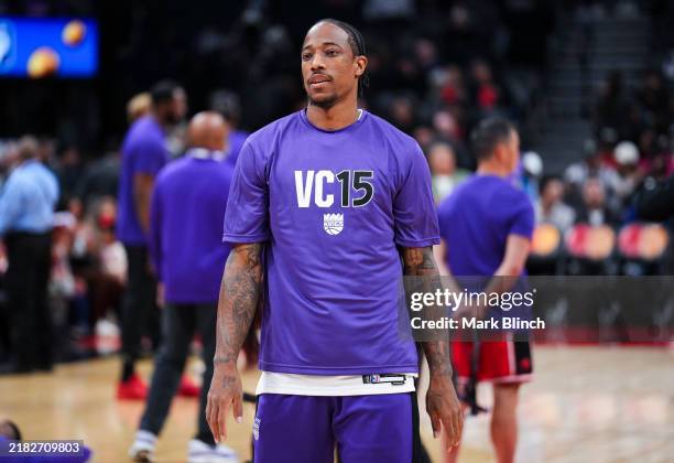 DeMar DeRozan of the Sacramento Kings warms up ahead off playing the Toronto Raptors in their basketball game at the Scotiabank Arena on November 2,...