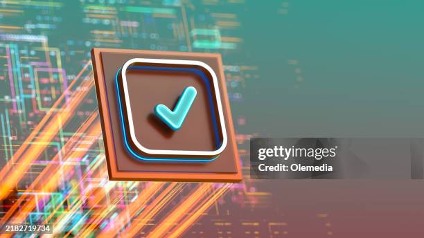 checkbox-symbol - digitales konzept auf cpu- und datenhintergrund. - fragebogen stock-fotos und bilder