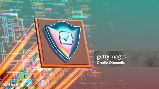 digital shield on digital cpu with program code, check mark sign. security systems , data protection. - antivirus software stock pictures, royalty-free photos & images