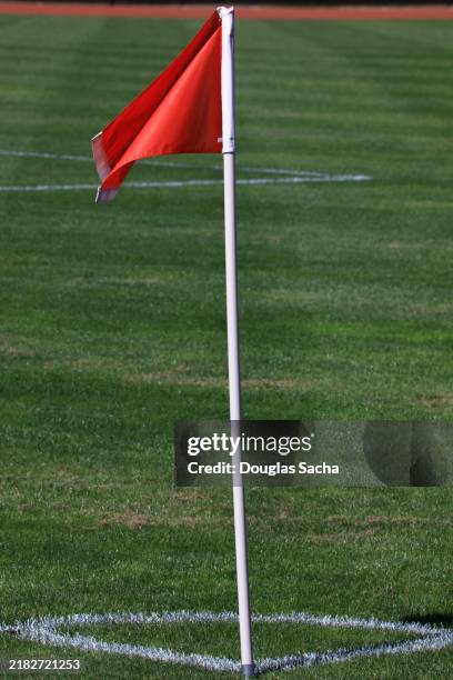 corner flag and and arc on the football field - corner marking stock pictures, royalty-free photos & images