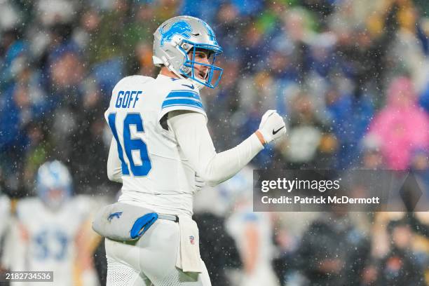 Jared Goff of the Detroit Lions celebrates a touchdown during the third quarter of a game against the Green Bay Packers at Lambeau Field on November...