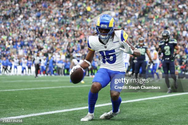 Demarcus Robinson of the Los Angeles Rams scores a third quarter touchdown against the Seattle Seahawks at Lumen Field on November 03, 2024 in...