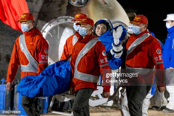 Astronaut Ye Guangfu is out of the return capsule of the Shenzhou-18 manned spaceship at the Dongfeng landing site on November 4, 2024 in Inner...