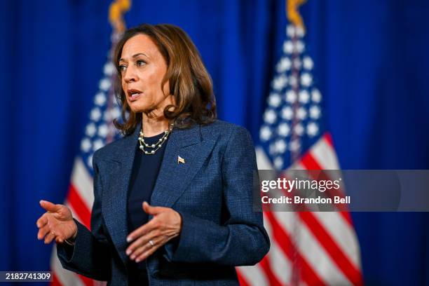 Democratic presidential nominee, U.S. Vice President Kamala Harris speaks during a news conference after speaking at a church service at Greater...
