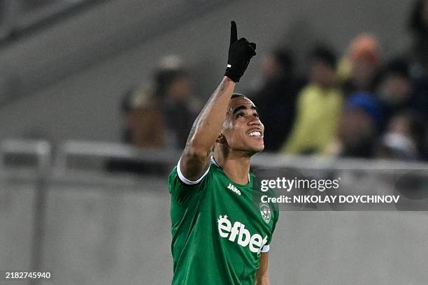 Ludogorets Razgrad's Brazilian forward Erick Marcus celebrates scoring his team's first goal during the UEFA Europa League 1st round day 4 football...
