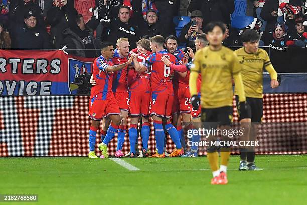 Viktoria Plzen's players celebrate after scoring during the UEFA Europa League football match between Viktoria Plzen and Real Sociedad in Plzen, on...
